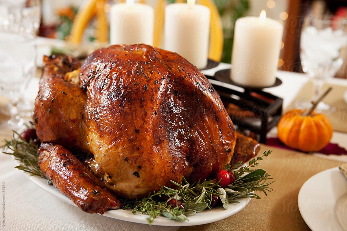 Thanksgiving: Roast Turkey On Platter With Herbs