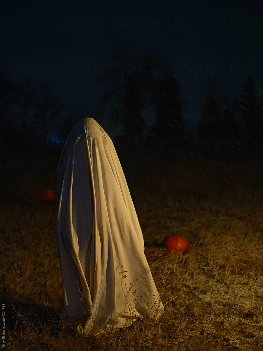 A ghost stands at night in a field.