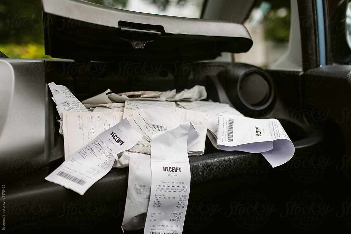Messy car with Receipts