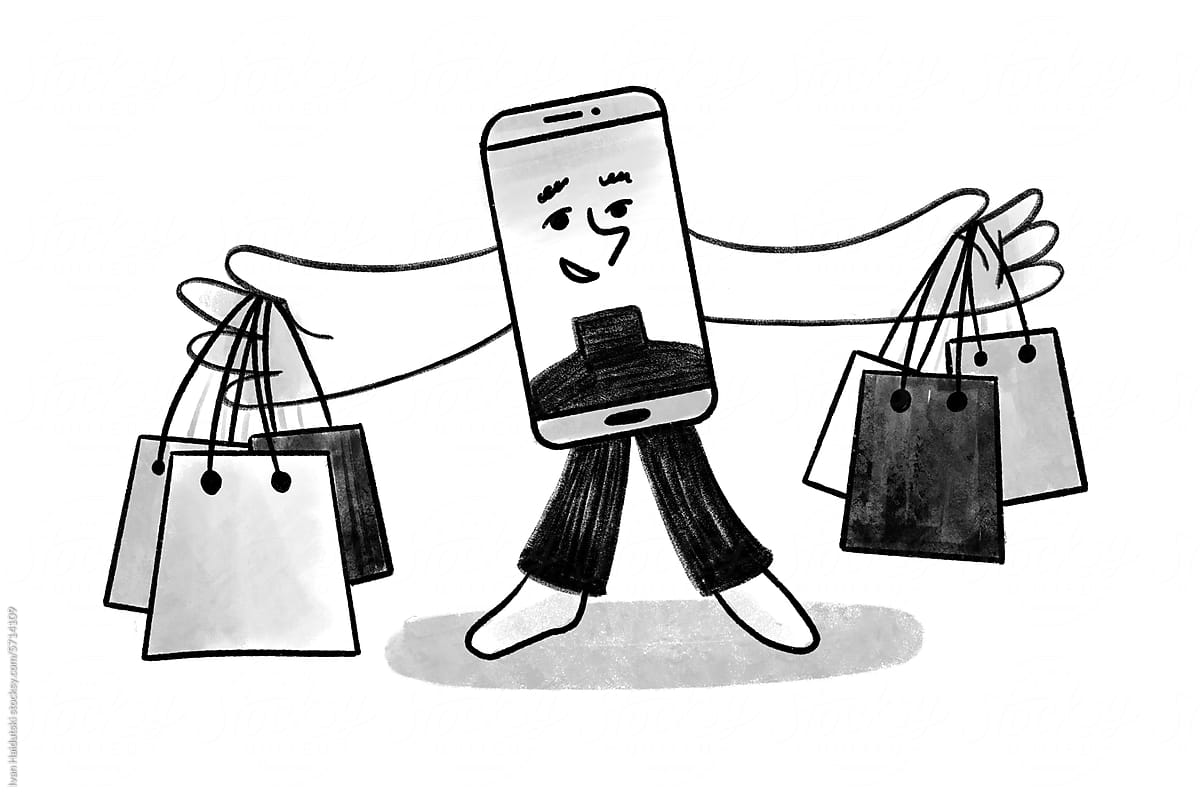 Smartphone holding shopping bags. Online shopping