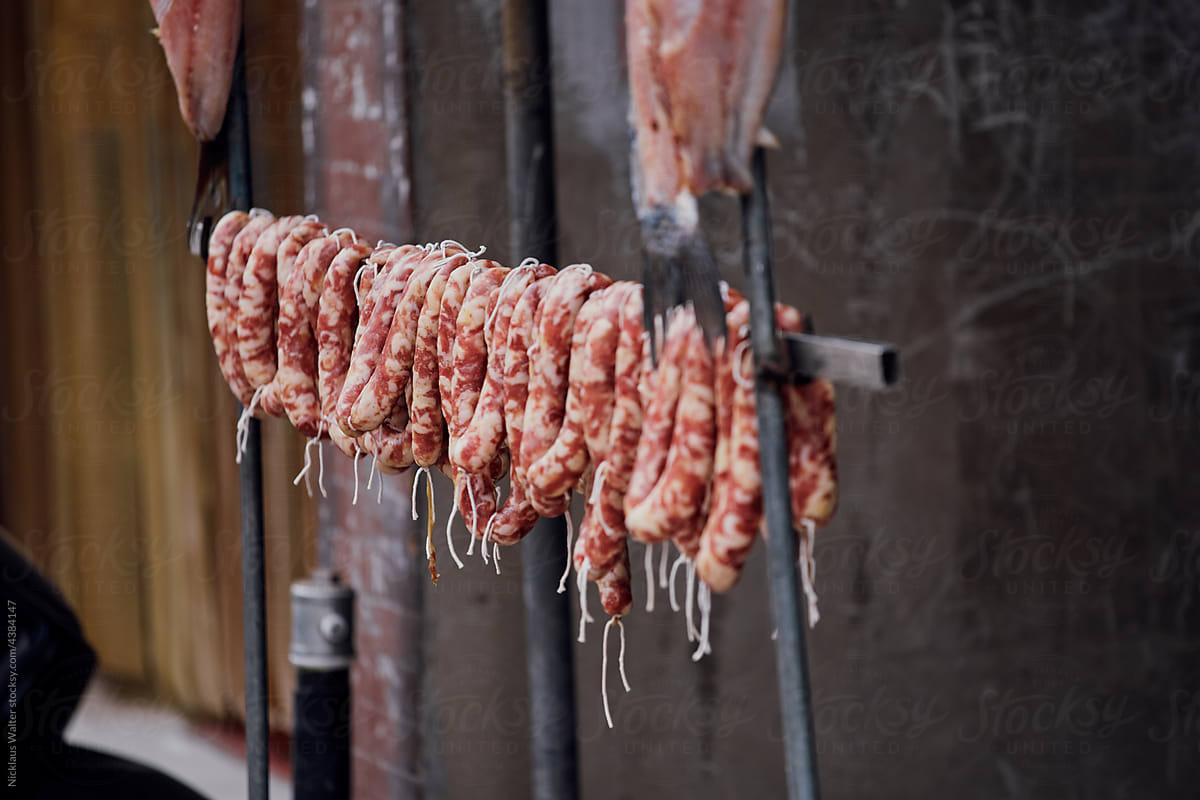 Sausage Hung Out To Dry At A Street Food Market