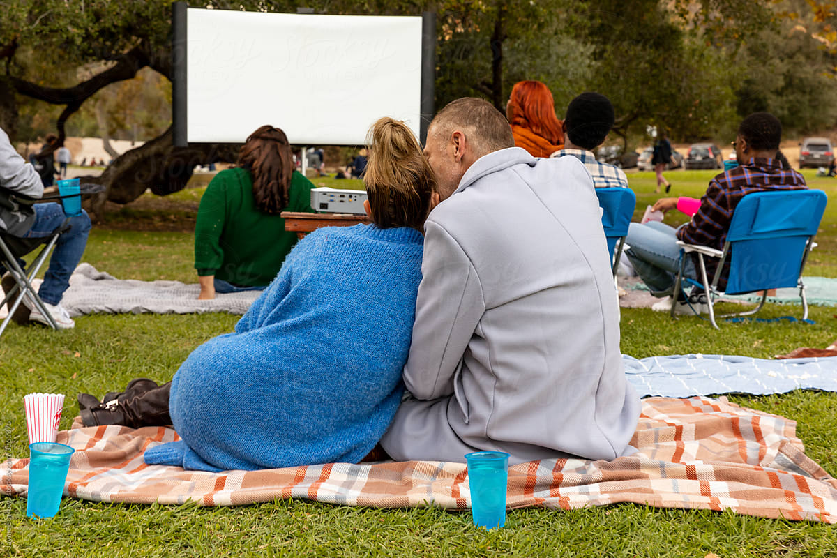 Group Of People Watch A Movie In the Park
