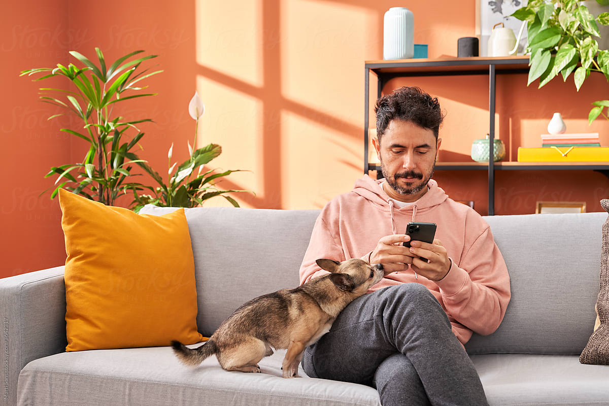 Man messaging on smartphone on couch with dog
