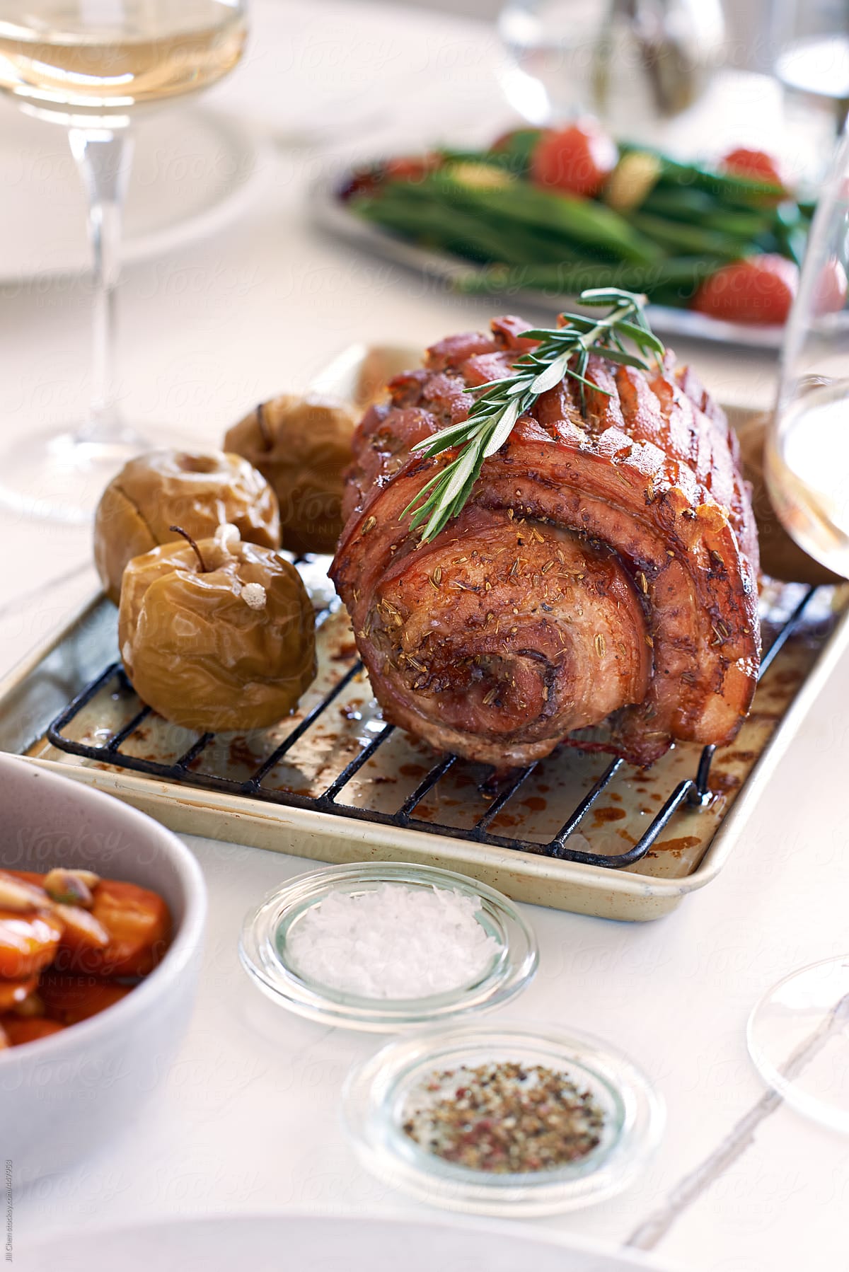 Golden pork roast with scored skin crackling