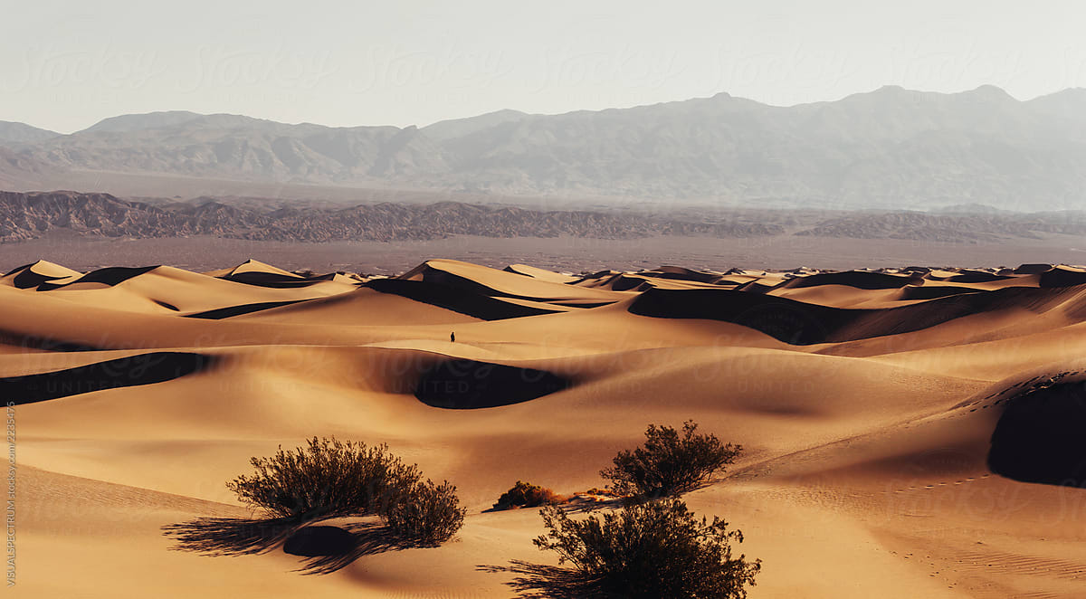Anonymous Solo Explorer in Massive Desert Sand Dunes Landscape