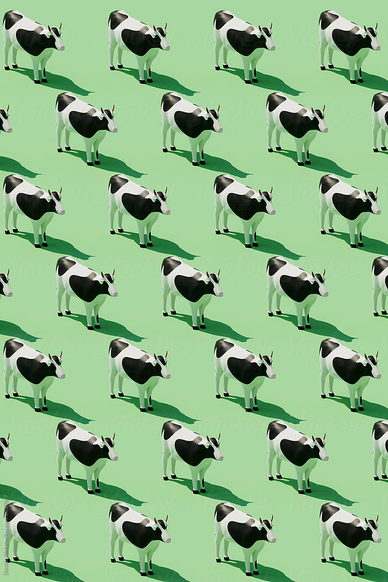 Black and white cow 3d pattern. Farming cartoon style illustration.