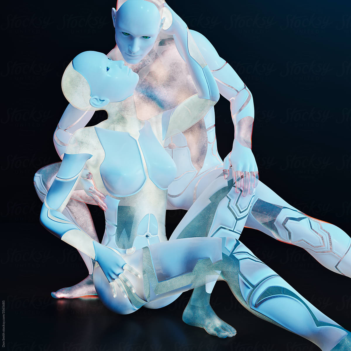 Togetherness: male and female glowing cyborgs