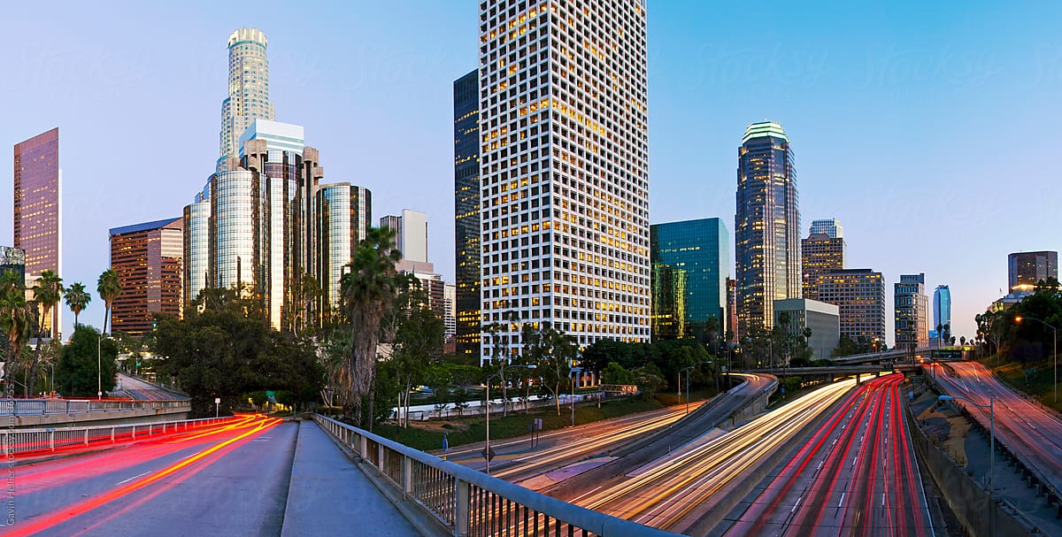 The 110 Harbour Freeway and Downtown Los Angeles skyline, California, United States of America
