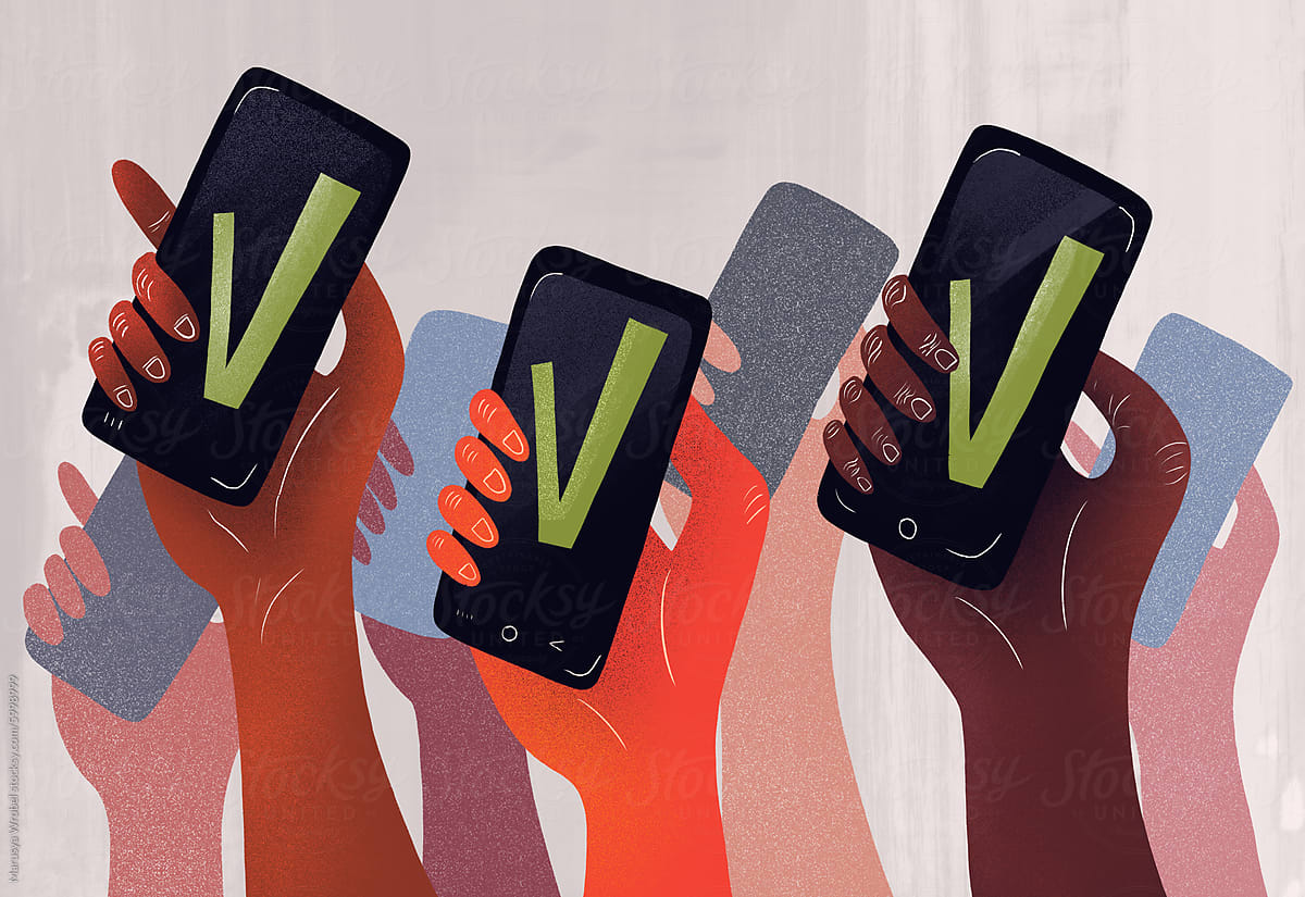 Diverse Hands Holding Smartphones With Check Marks