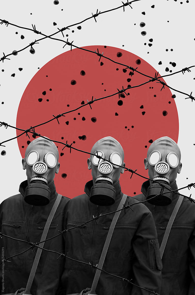 Digital collage with group of men in gas masks