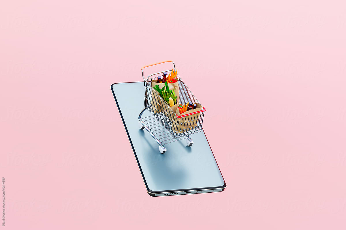 Online grocery shopping concept with smartphone