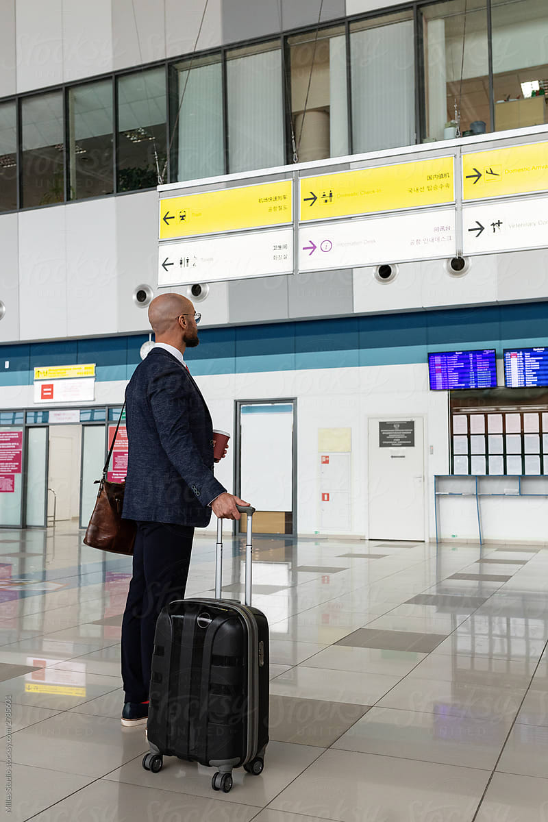 Male executive examining signs in airport