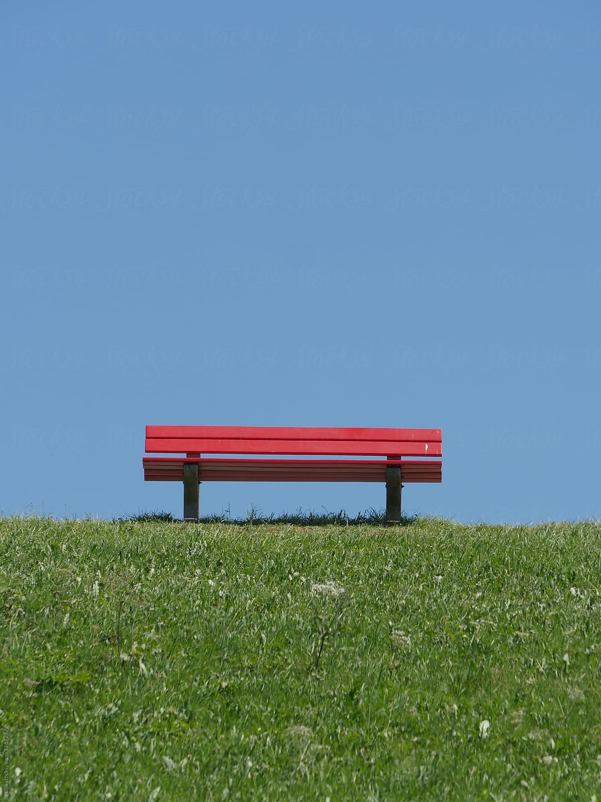 Red bench against clear blue sky.