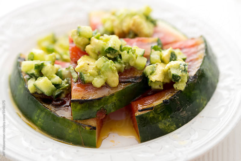 Grilled Watermelon with Avocado, Cucumber, Jalapeno salsa