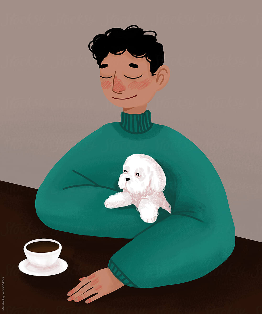 Relaxing Moment: Man, Coffee, and His Pet