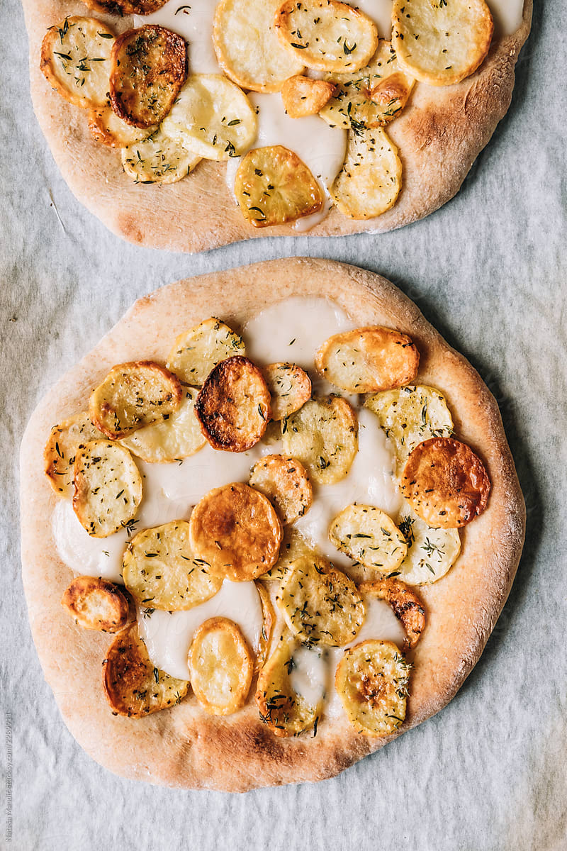 Delicious homemade pizza with potatoes