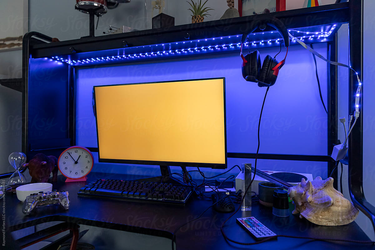 Video gaming monitor Computer at home bedroom interior desk
