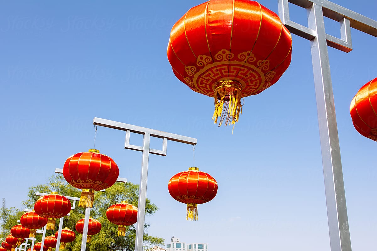 Red lantern with blue sky background