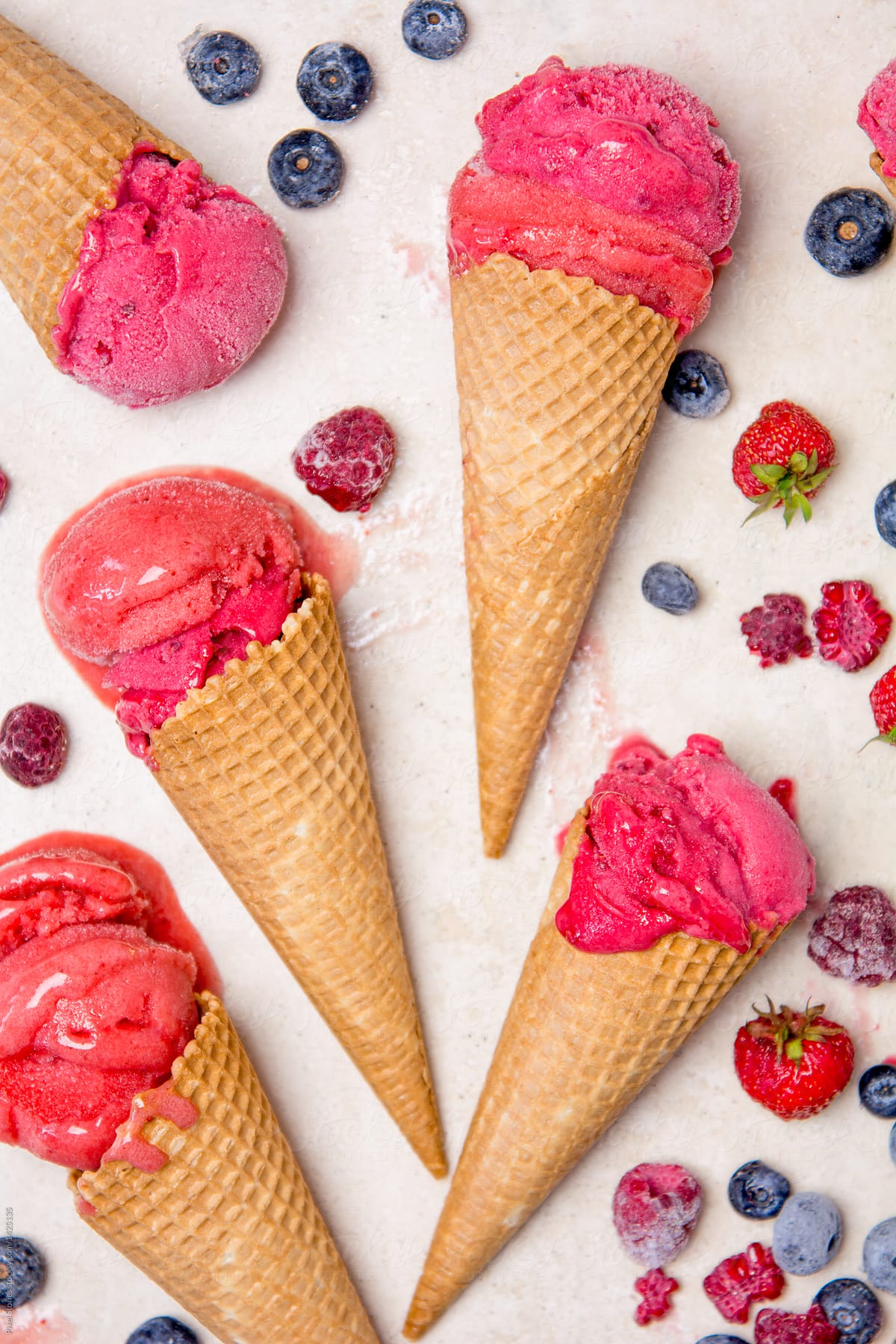 Healthy homemade forest fruits ice cream in cones