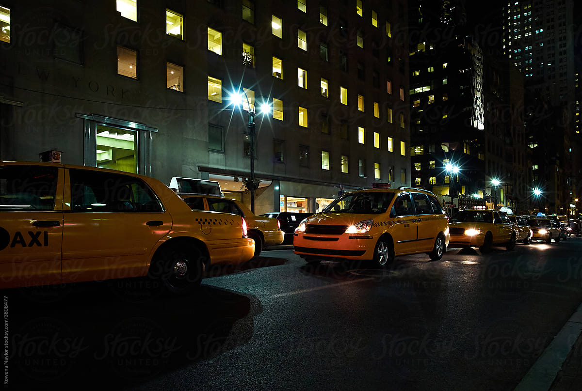 Taxi traffic on a New York city street at night