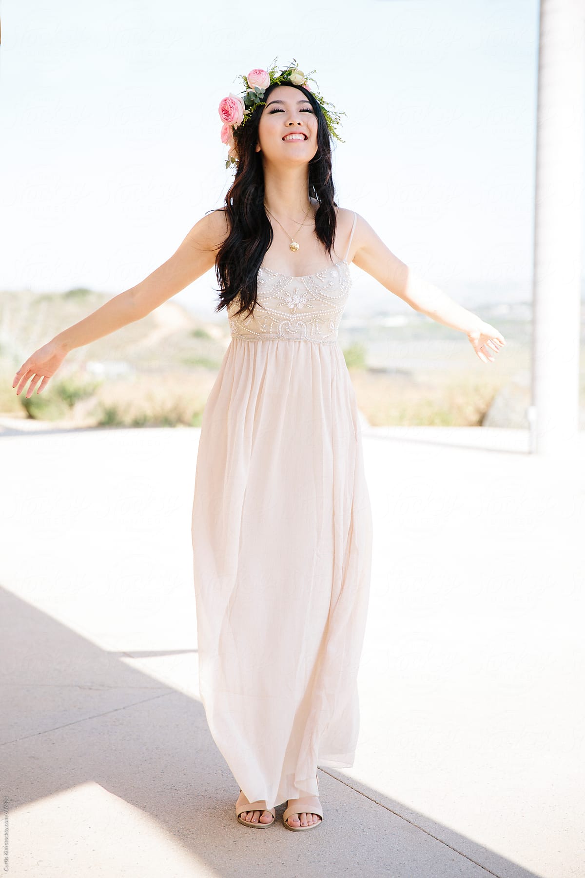 Beautiful Asian Girl Wearing A Flower Crown And Dress Smiling By Curtis Kim 