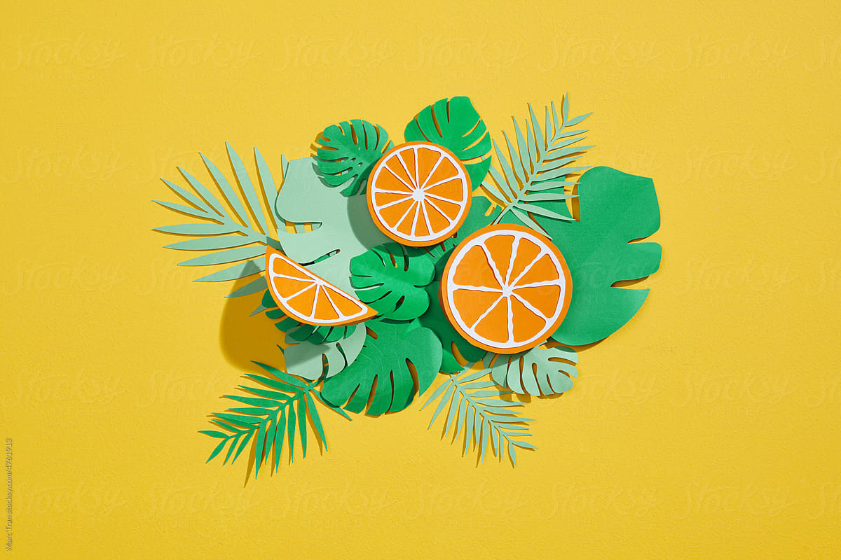 Sliced orange citrus fruit with leaves cut out of paper
