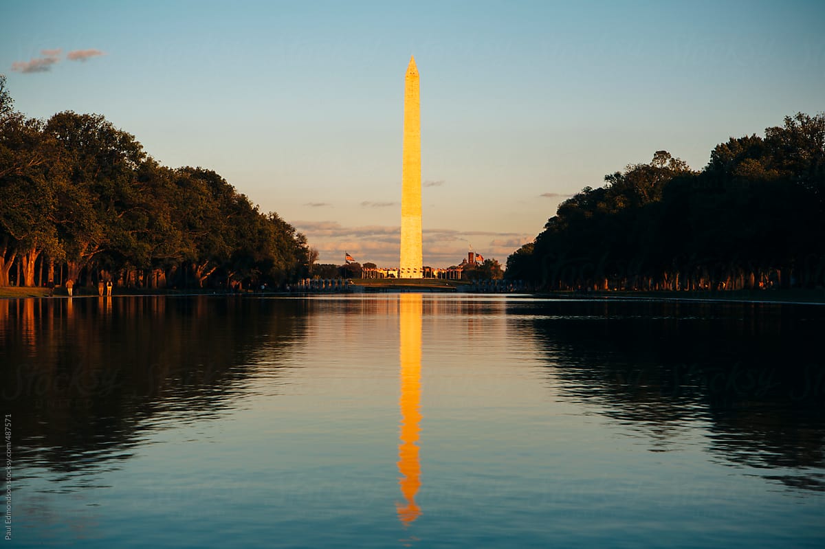 The Washington Monument and Reflecting Pool at dusk