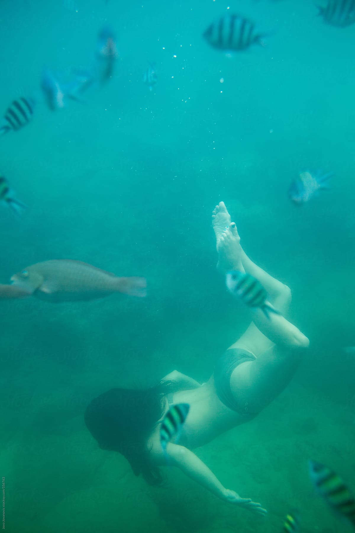 Young woman freediving in a dark blue tropical sea among fish