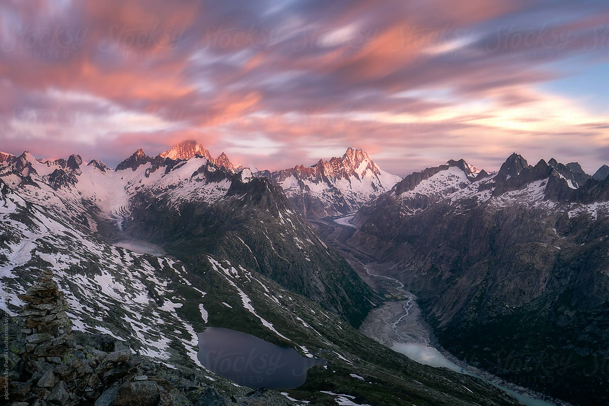 Dramatic sunrise sky in the mountainous alps.