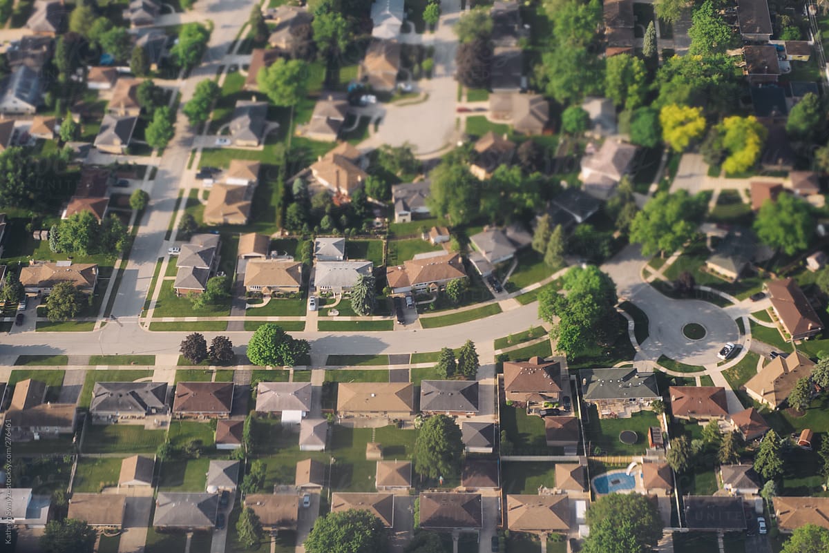Bird's-eye view of a Chicago-area suburb, taken from an airplane