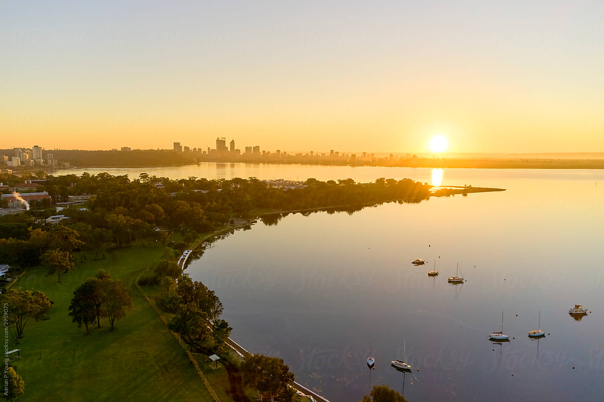 Sun rising over River Foreshore in Perth