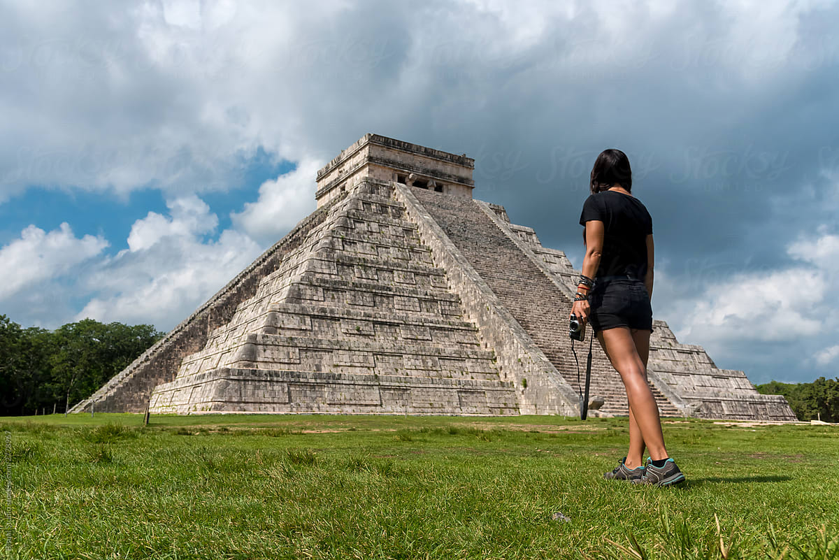 Tourist Taking Photos Of Mayan Pyramid On The Jungle