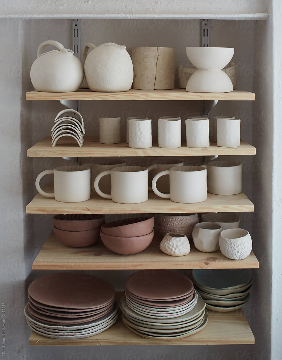 Pottery and ceramics on atelier shelves