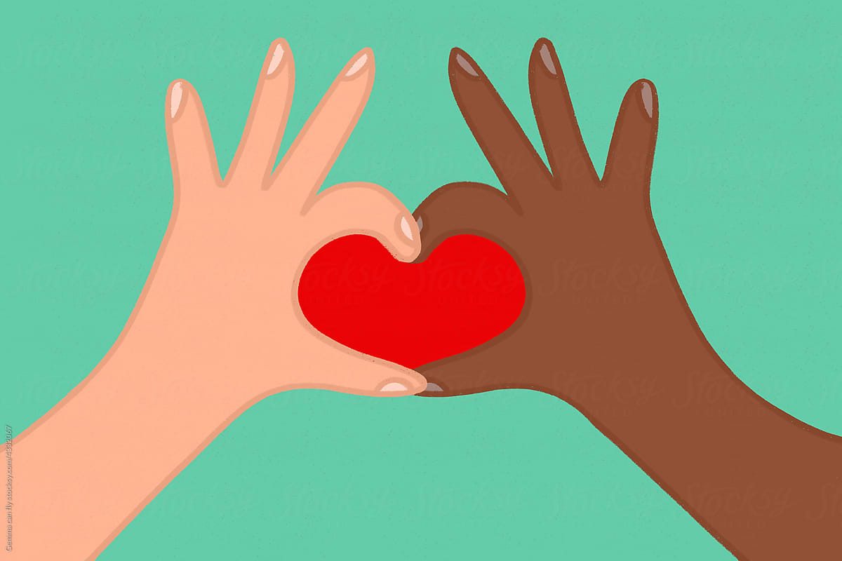 Heart shaped black and white hands illustration
