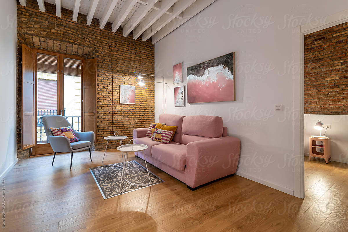 Stylish interior design of living room with loft architecture