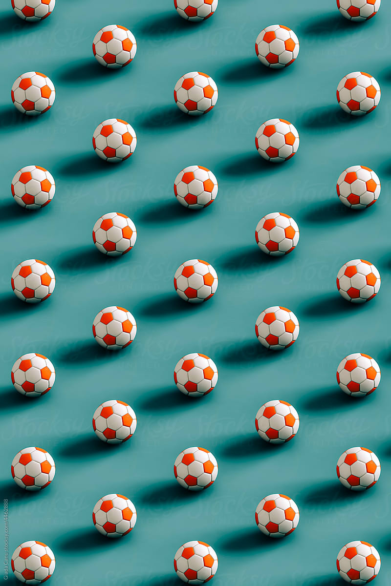 pattern of Soccer balls ona  blue background. 3d render