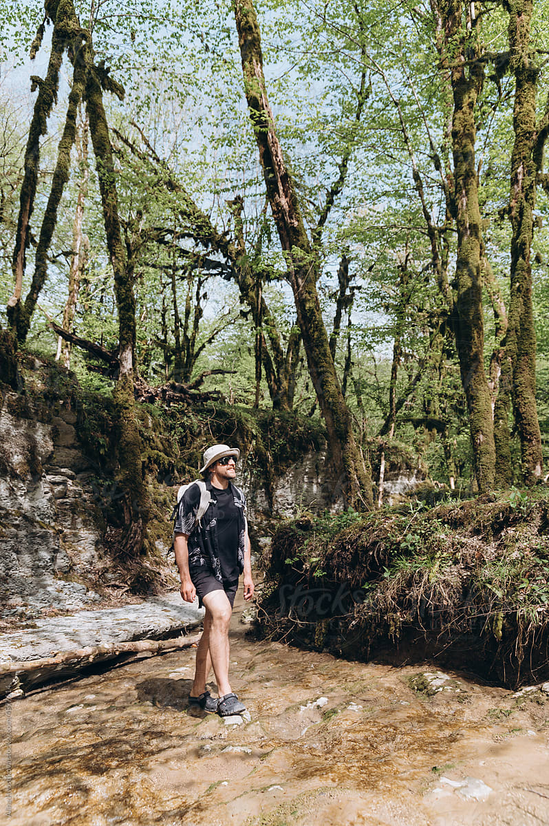 Male hiker strolling in forest during trekking