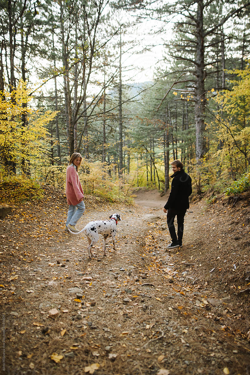 Couple walking with dog in autumn forest