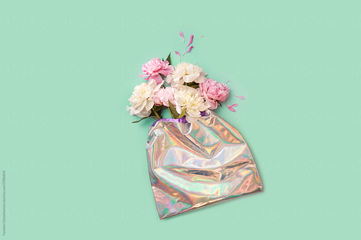 Peonies in holographic foil bag