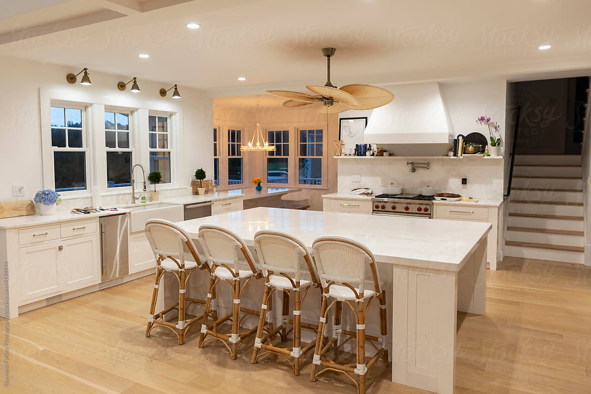 Light and bright  kitchen at dusk