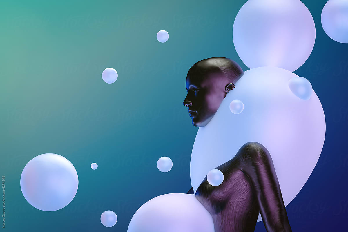 Woman among colored bubbles