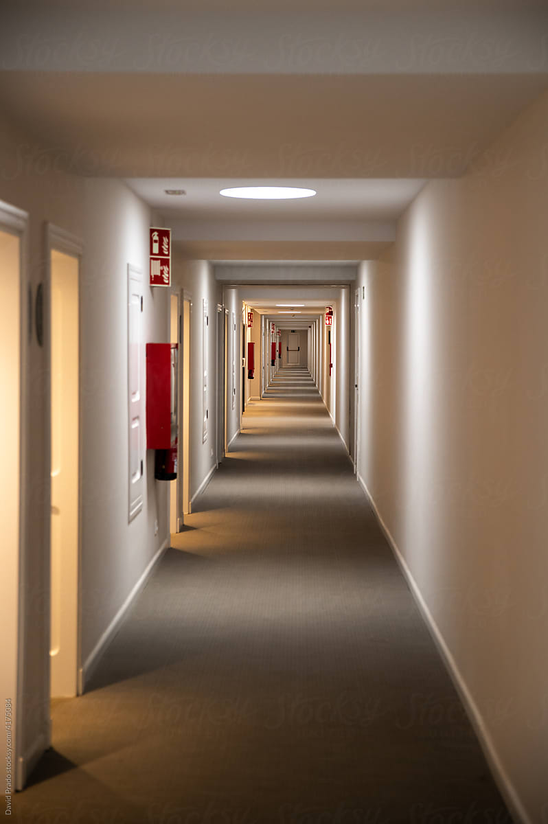Narrow light corridor with doors