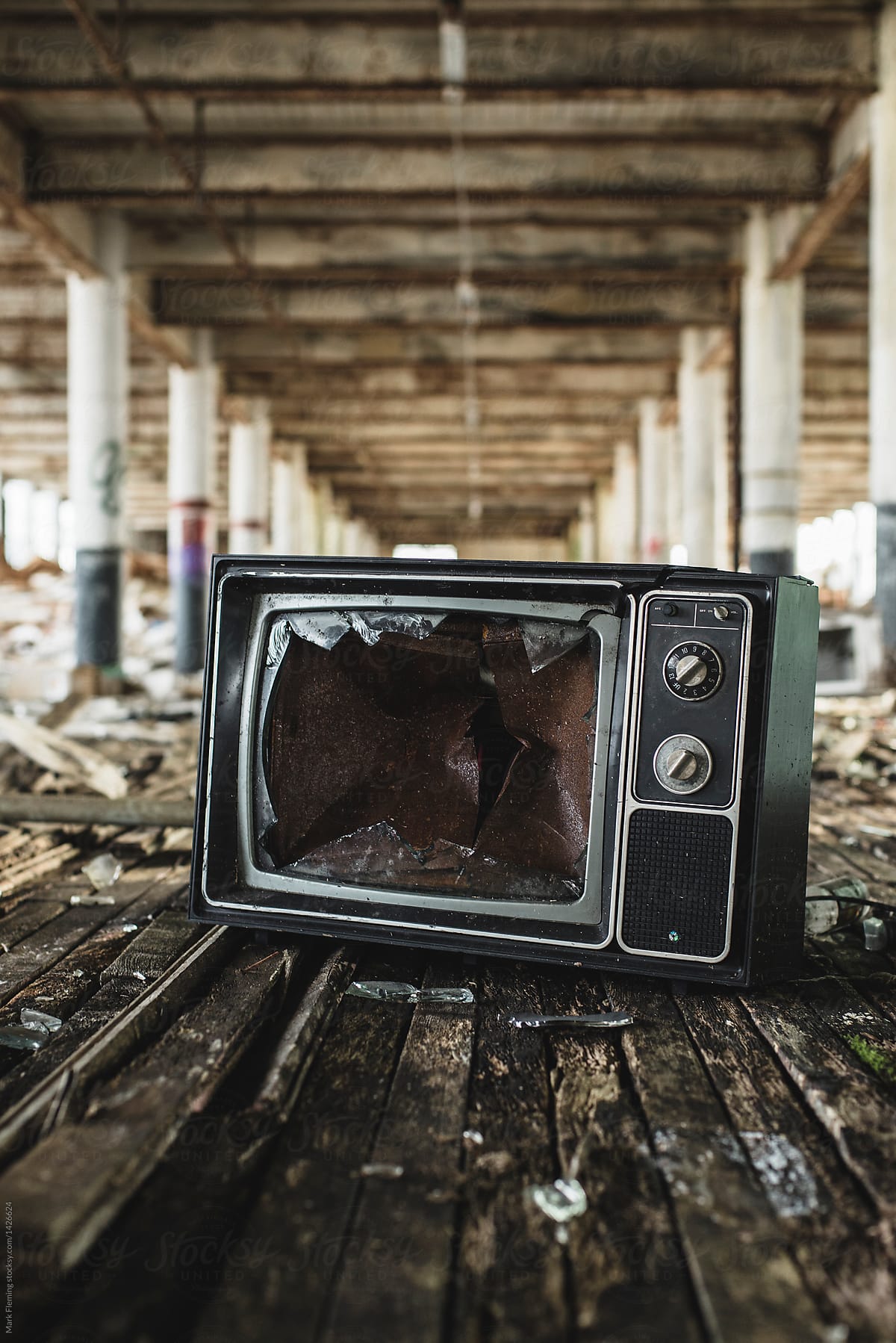 Broken TV in abandoned building