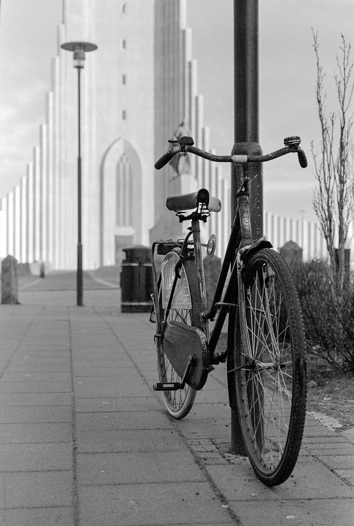 Rusted bicycle in front of Hallgrímskirkja Church, Iceland