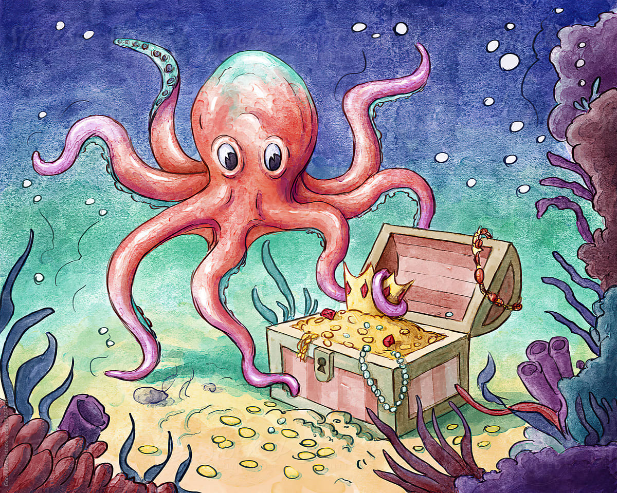 Octopus And Underwater Treasure Watercolor Illustration
