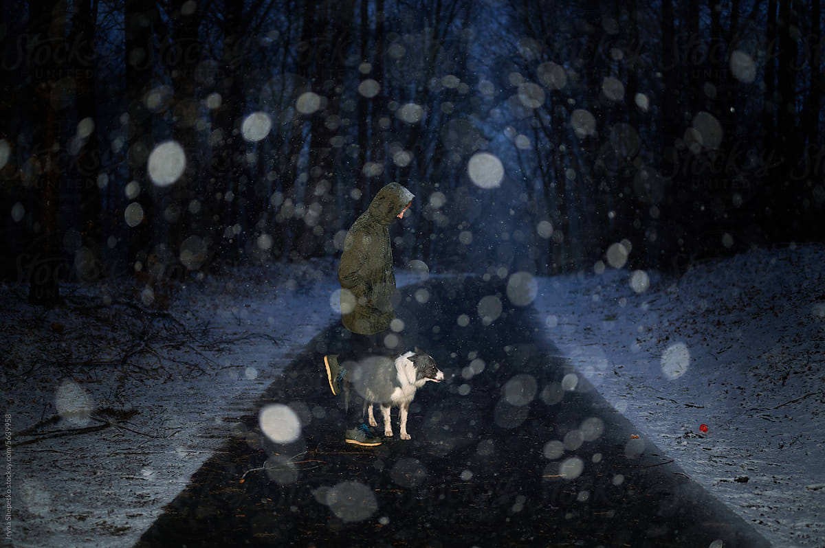 Man with Dog walking in snowfall