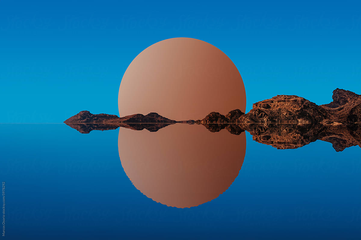 Surreal landscape with rocks and sphere at dusk