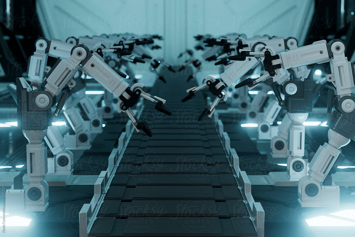 3D Render of Robotic Arms on Futuristic Assembly Line