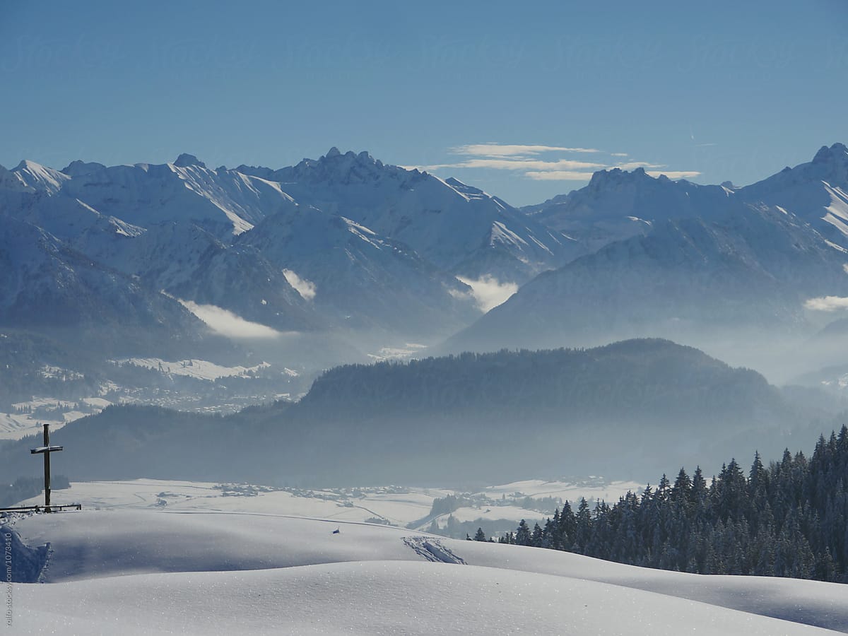 Calm scene of mountain summit in winter