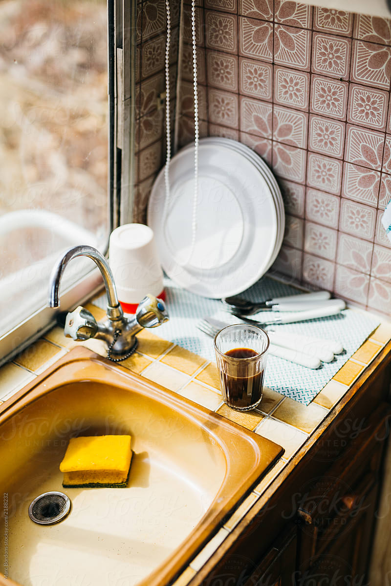 Upper view of a kitchen sink in a motorhome